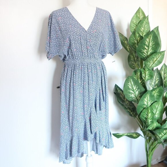 J. Crew Mercantile Blue & White Floral Ruffle Wrap Surplice V-neck Midi Dress - Picture 6 of 13